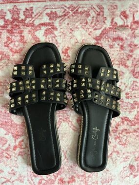 Black Studded Slide Sandals Size 7.5 Black and Gold Studs similar to Valentino